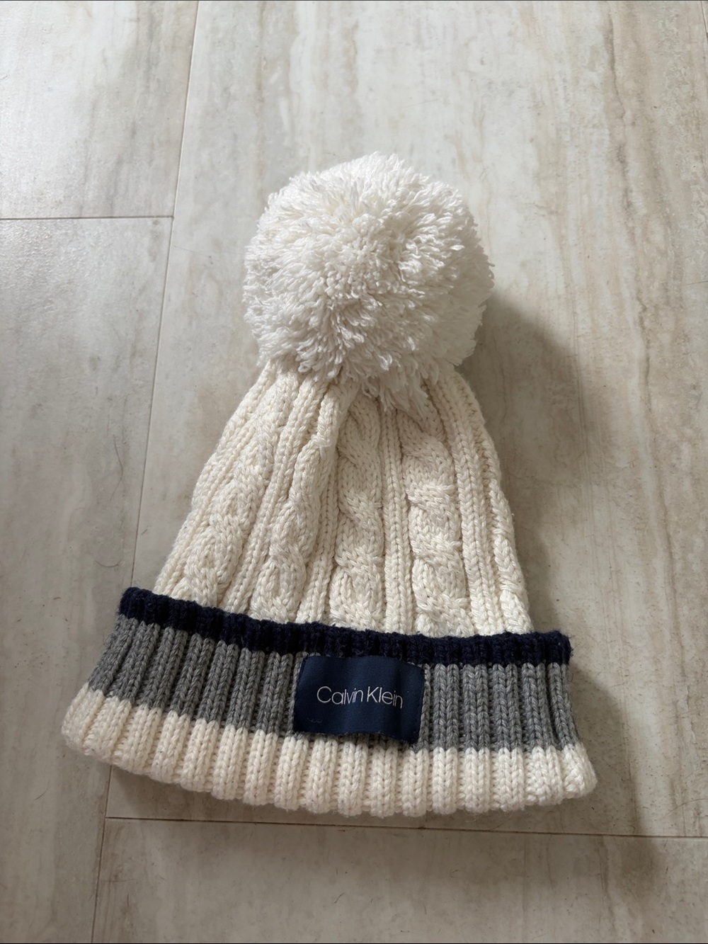 Calvin Klein Cream and Gray Knit Pom-Pom Beanie